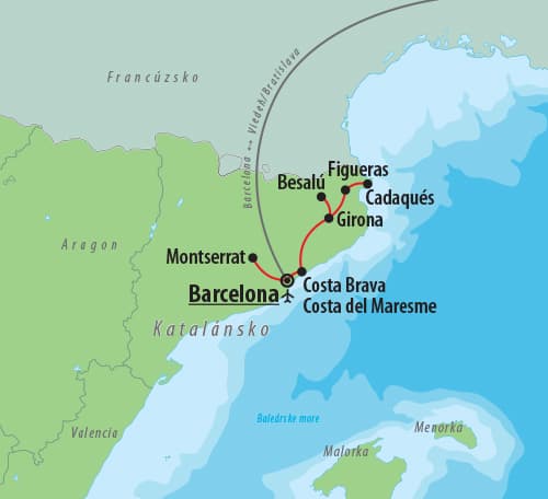 , Letecké poznávacie zájazdy, Španielsko, Slnečné Katalánsko a Barcelona, mapa