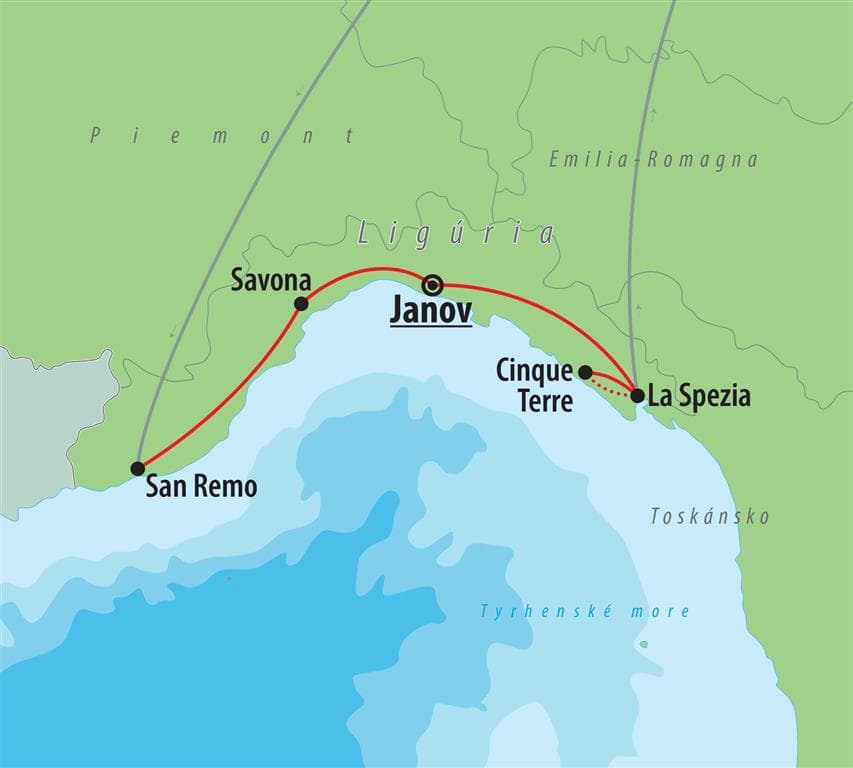 , autobusový poznávací zájazd, Ligúrska riviéra s kúpaním, mapa