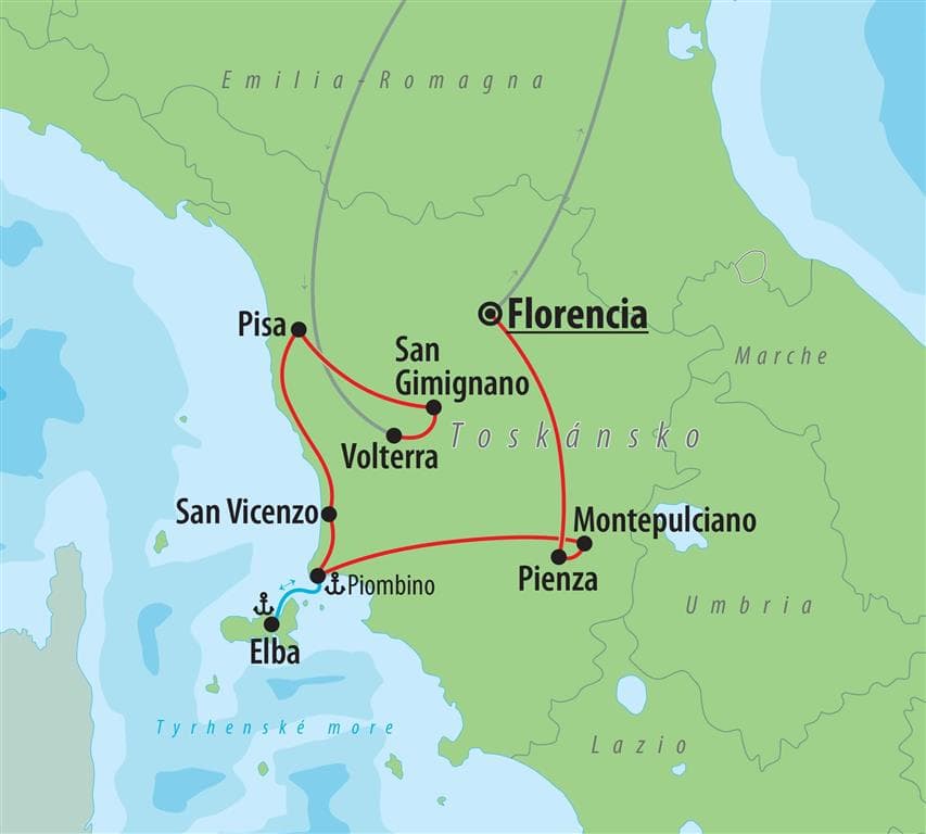 , autobusový poznávací zájazd, Vínna cesta po Toskánsku, mapa