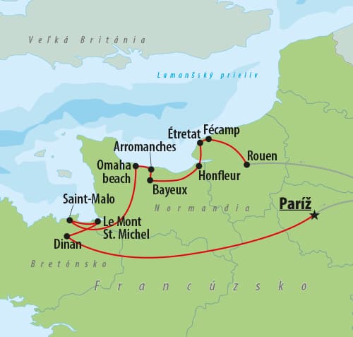 , autobusový poznávací zájazd, Normandia a Bretónsko, mapa