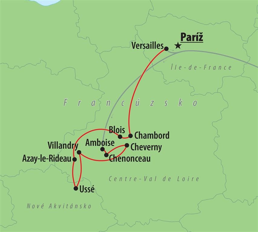 , autobusový poznávací zájazd, Najkrajšie francúzske zámky, mapa