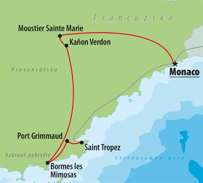, autobusový poznávací zájazd, Francúzska riviéra a kaňon Verdon, mapa