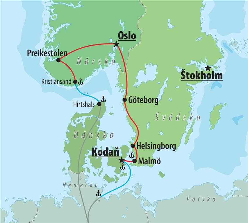 , autobusový poznávací zájazd, Škandinávsky okruh, mapa