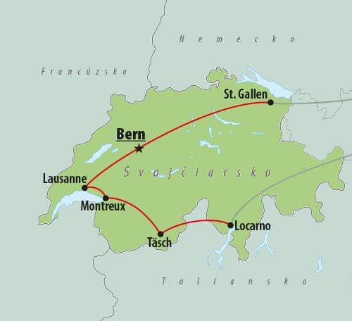 , autobusový poznávací zájazd, Švajčiarsky okruh, mapa
