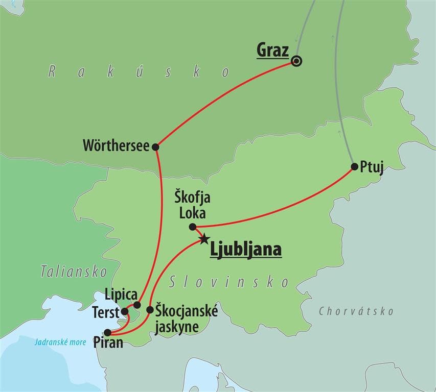 , autobusový poznávací zájazd, Rakúsko - Taliansko - Slovinsko, mapa