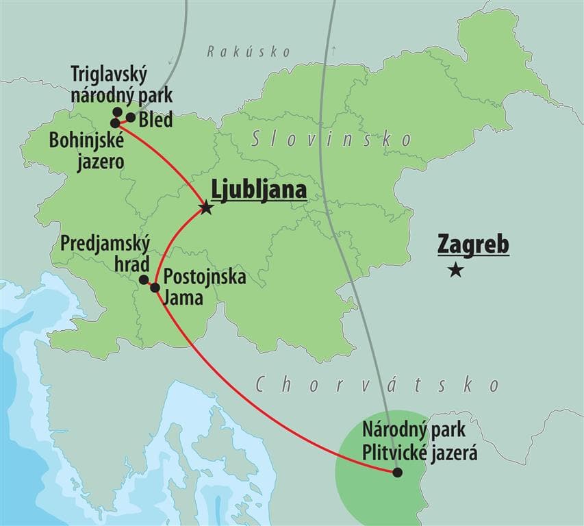 , autobusový poznávací zájazd, Slovinsko a Plitvické jazerá, mapa