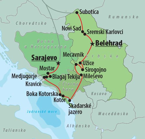 , autobusový poznávací zájazd, Balkán, mapa