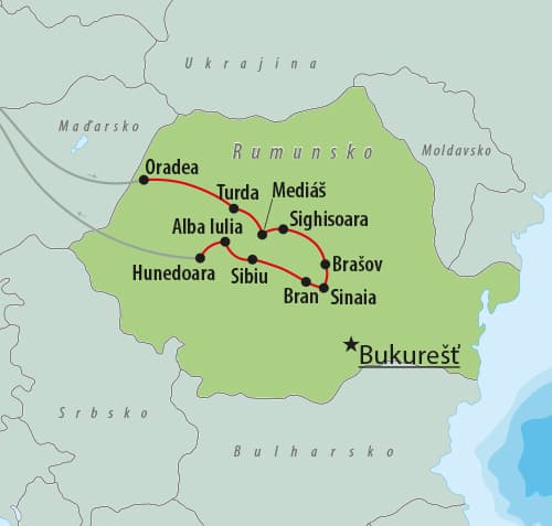 , autobusový poznávací zájazd, Rumunsko - Sedmohradsko a Transylvánia, mapa