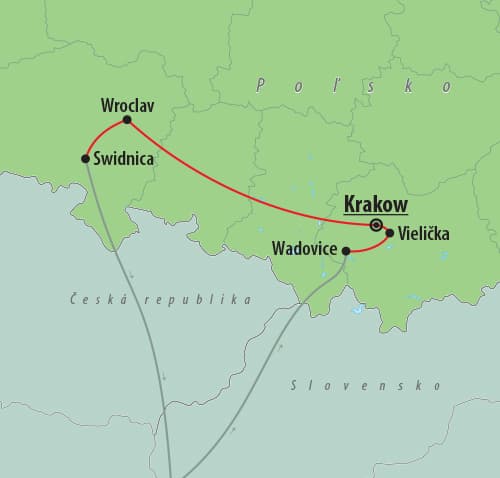 , autobusový poznávací zájazd, Krakow a Wroclaw, mapa