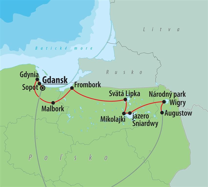 , autobusový poznávací zájazd, Poľsko - Mazúrske jazerá, mapa