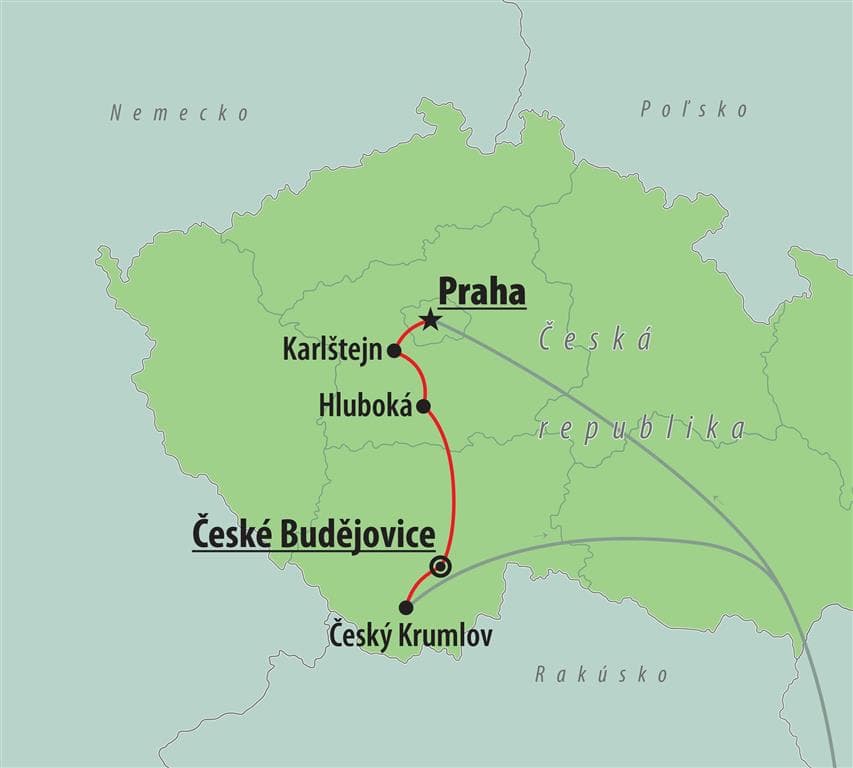 , autobusový poznávací zájazd, Praha - zámky a hrady v Čechách, mapa