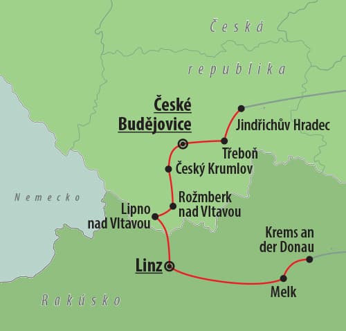 , autobusový poznávací zájazd, Česko a Rakúsko, mapa