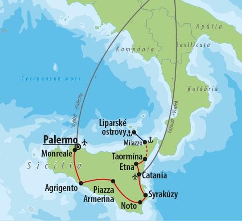 , Letecký poznávací zájazd, Sicília a Liparské ostrovy, mapa