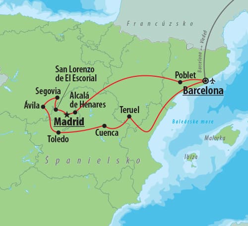 , Letecký poznávací zájazd, Španielsko poklady UNESCO, mapa