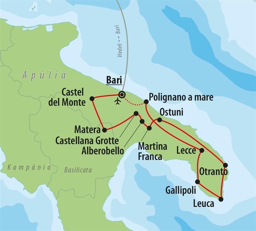 , letecký poznávací zájazd, Apúlia - klenot na juhu Talianska, mapa