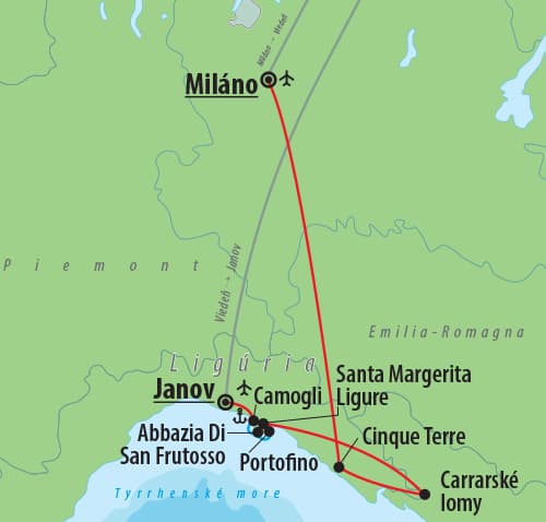 , letecký poznávací zájazd, Ligúria- kráľovstvo pestrofarebných útesov, mapa