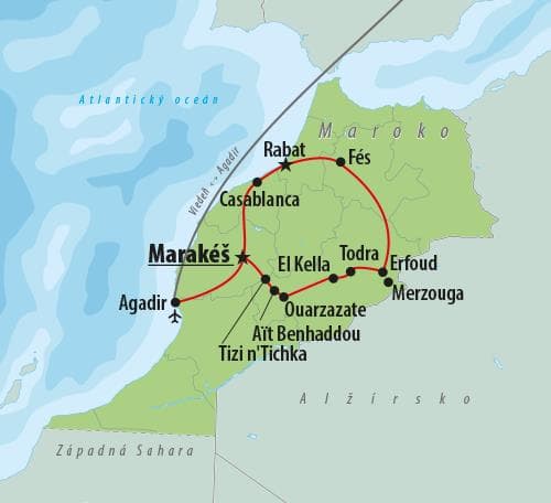 , Letecký poznávací zájazd, Maroko - kráľovské mestá a magická púšť, mapa