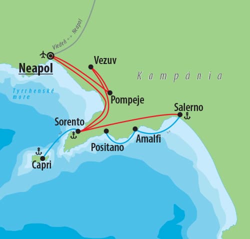, Letecký poznávací zájazd, Kampánia a čarovný ostrov Capri, mapa