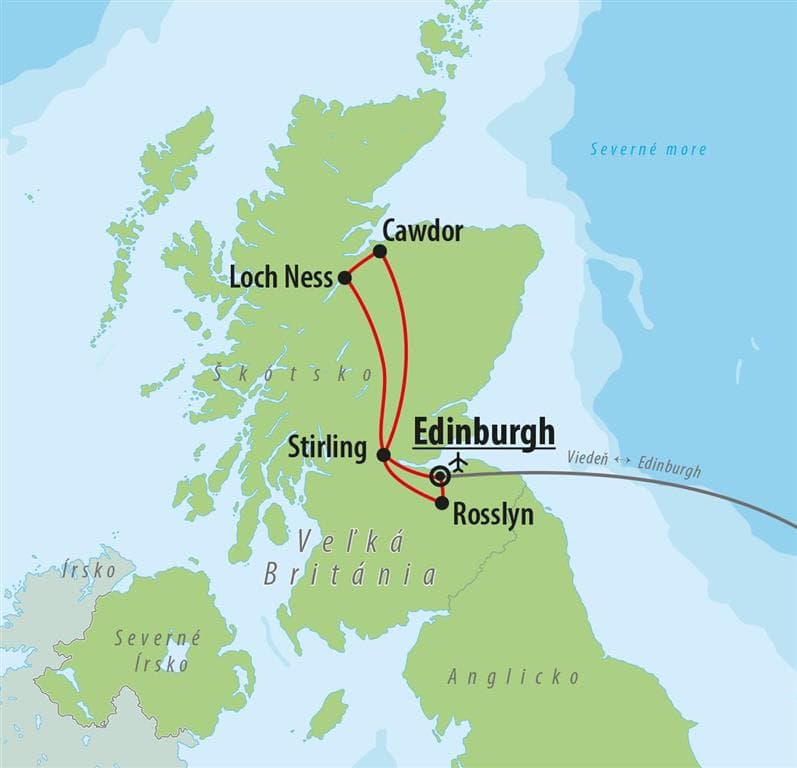 , letecký poznávací zájazd, Tajomstvá Škótska a jazera Loch Ness, mapa