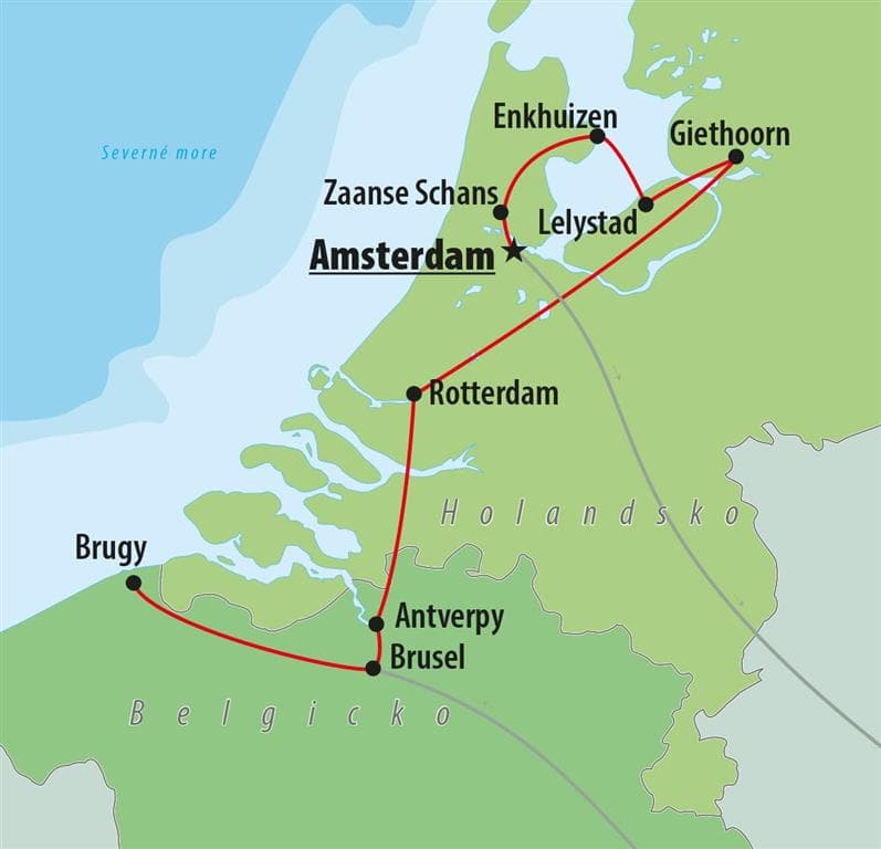 , autobusový poznávací zájazd Holandsko a Belgicko, mapa