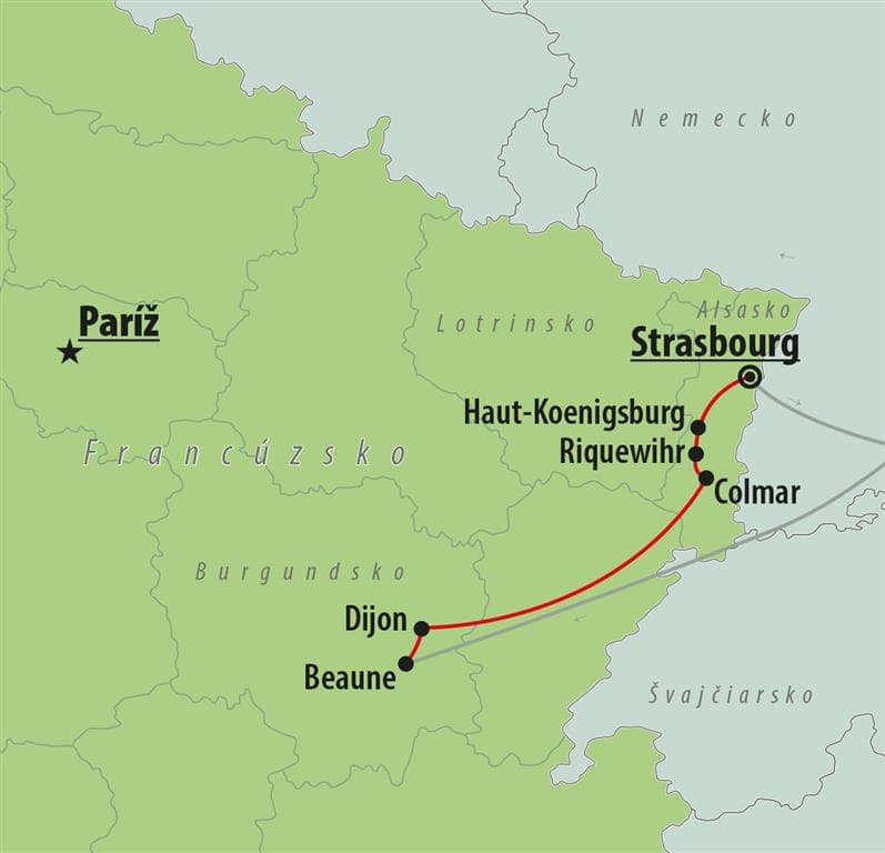 , autobusový poznávací zájazd, Čarovné Alsasko, mapa