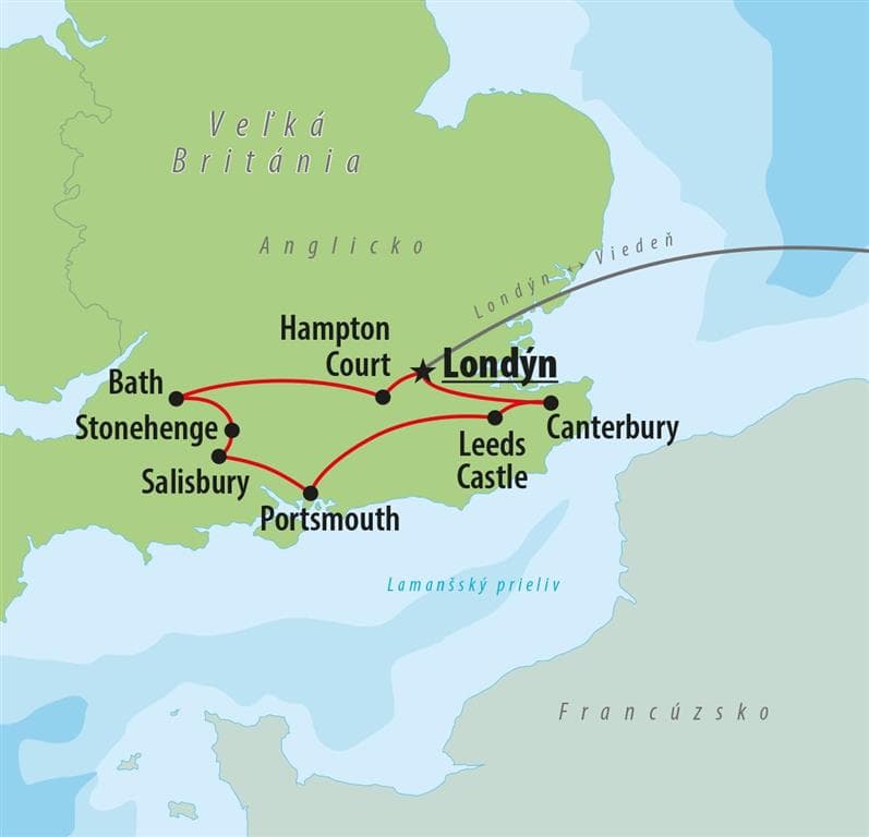 , Letecký poznávací zájazd,  Veľká Británia, Okruh južným Anglickom, mapka