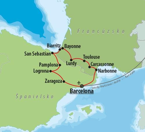 , Letecký poznávací zájazd, Mestá pod Pyrenejami, mapa