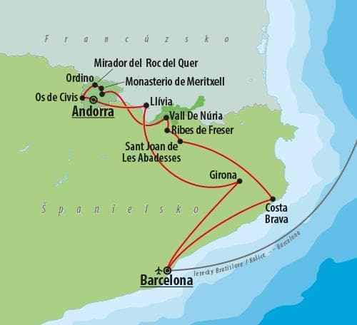 , Letecké poznávacie zájazdy,  Andorra, Girona a Katalánsko, mapa