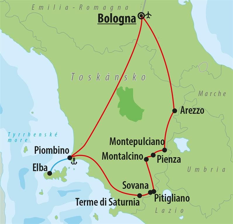 , letecký poznávací zájazd, Zákutia Toskánska a ostrov Elba, mapa