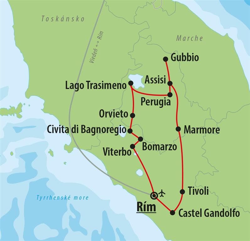 , letecký poznávací zájazd, Tajomstvá Umbrie a Lazia, mapka