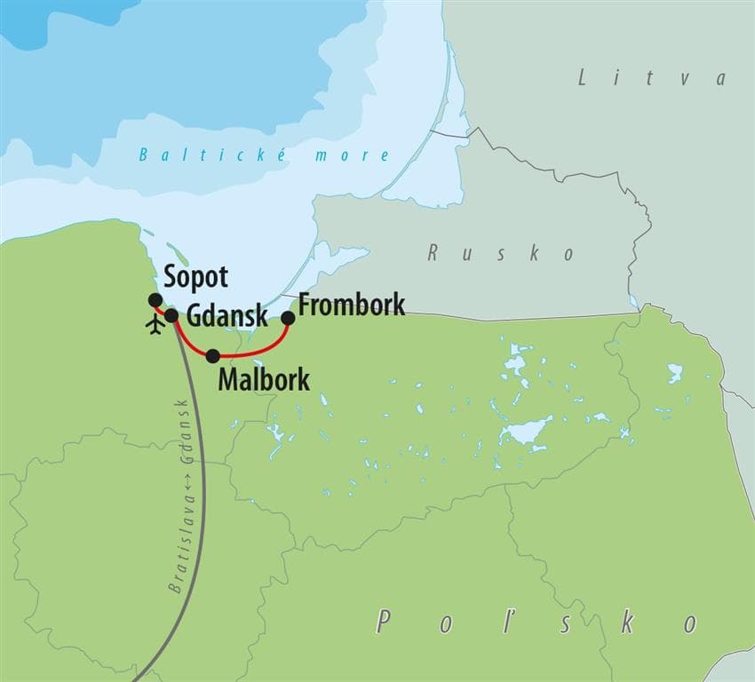 , letecký poznávací zájazd, Poľsko - baltské pobrežie, Gdansk, mapka