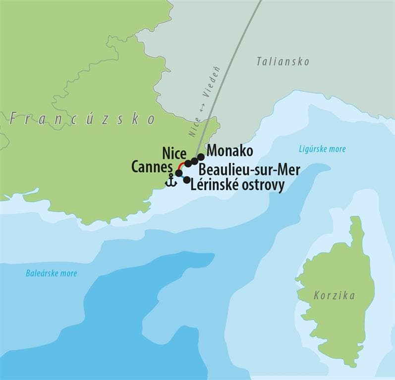 , Letecký poznávací zájazd, čaro Francúzskej riviery, mapka
