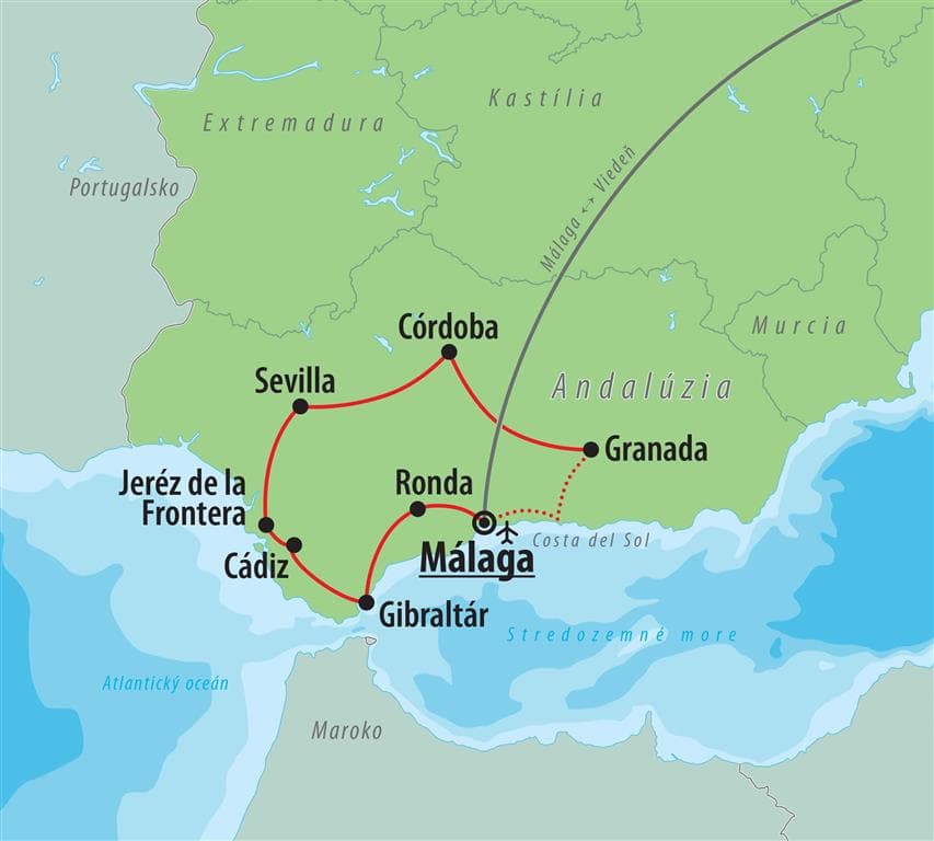 , Letecký poznávací zájazd, Španielsko,  Andalúzia s pobytom pri mori, mapa
