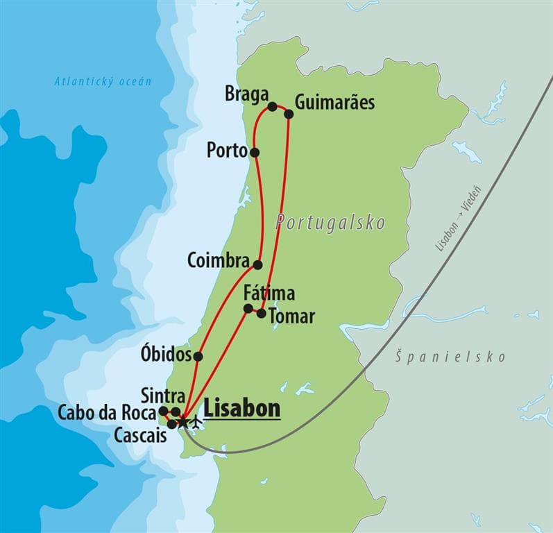 , Letecký poznávací zájazd, Portugalsko, Zem moreplavcov a slnka, mapka