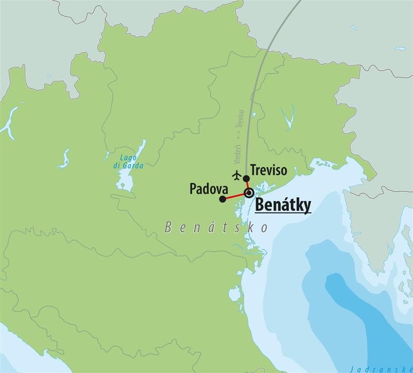 , Letecký poznávací zájazd, Taliansko, Karnevalové Benátky a výlet do Padovy, mapka
