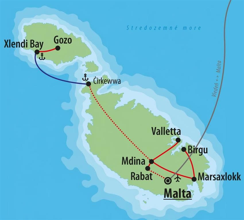 . Letecký poznávací zájazd , Malta – historická mozaika, mapka